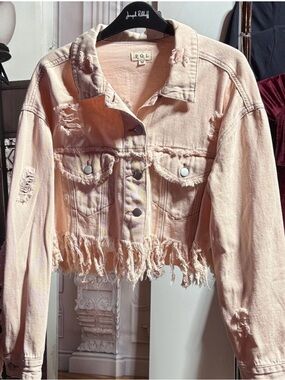 POL Distressed Fringe Oversized Denim Jacket – powder, pink